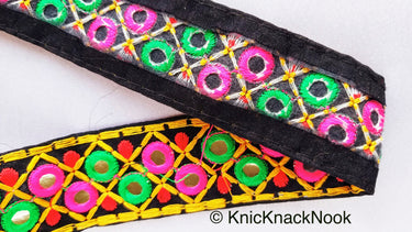Black Cotton Fabric Mirrored Trim With Embroidery In Fuchsia Pink, Green, Red & Yellow Threads